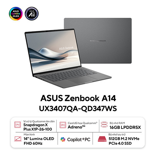 Laptop ASUS ZenBook A14 UX3407QA-QD347WS | Snapdragon X1 26 100 | 16GB | 512GB | Qualcomm Adreno | 14&#39; WUXGA OLED | Win 11 + Office | 0425